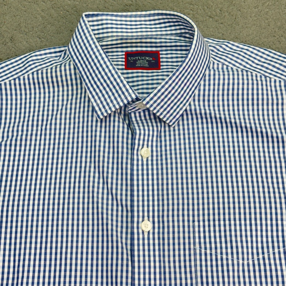 UNTUCKit Button Down Shirt Mens Large Blue Gingham Short Sleeve Wrinkle Free